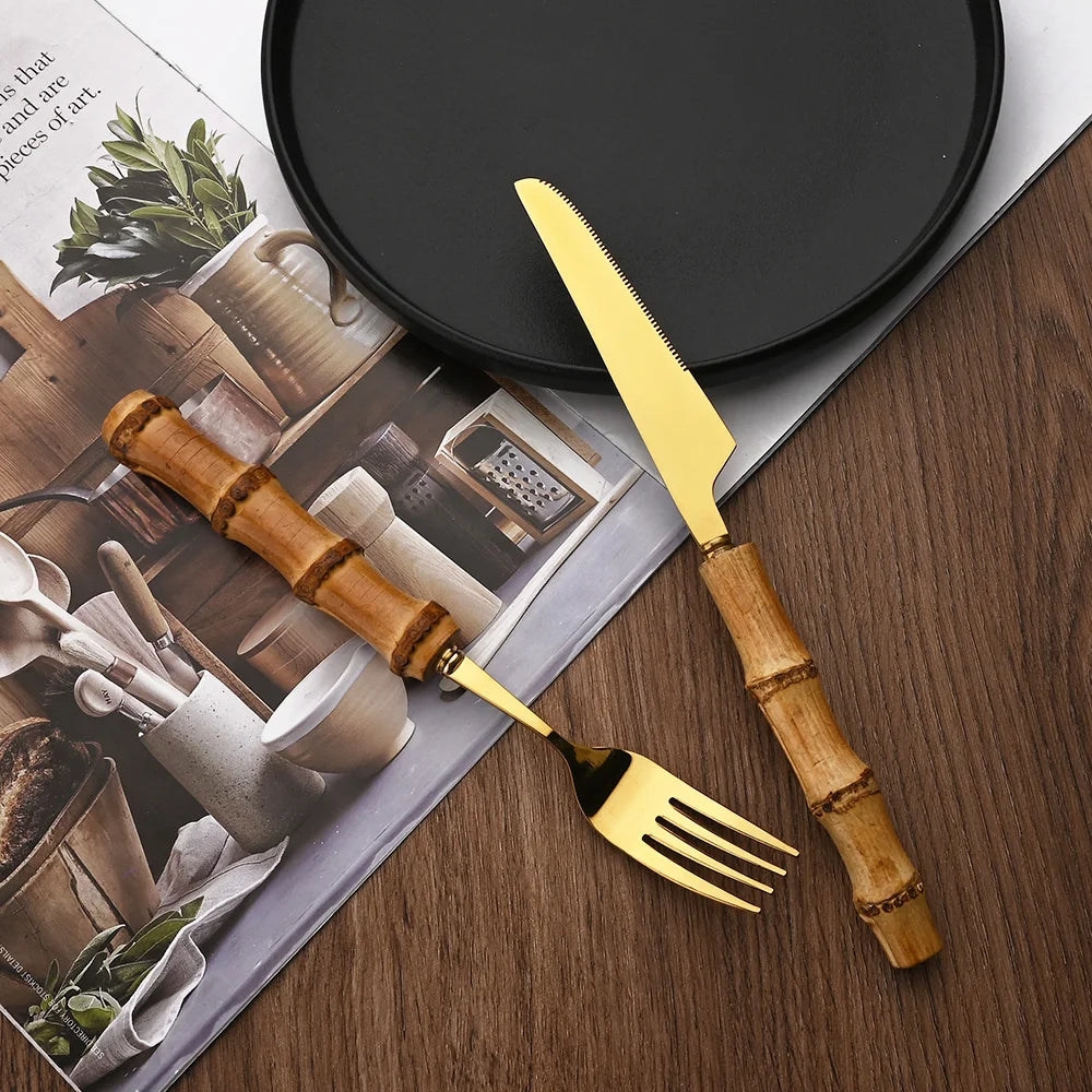Couverts en acier inoxydable avec manche en bambou naturel, 24 pièces, service de table, couteau à steak