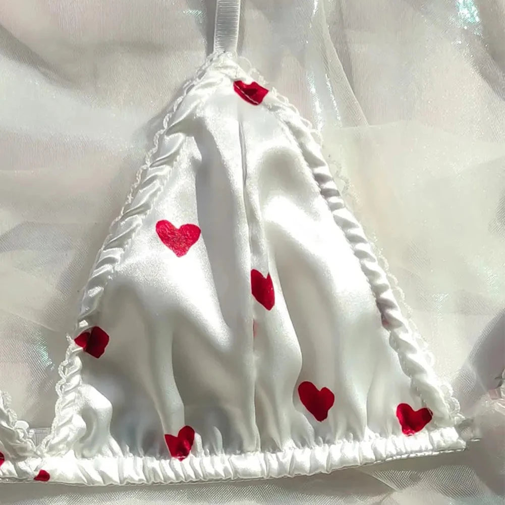 1 ensemble de soutien-gorge et culotte en Satin doux et soyeux, Lingerie Sexy en forme de cœur d'amour, haut, culotte, pyjama, mignon, doux et lisse, vêtements de nuit