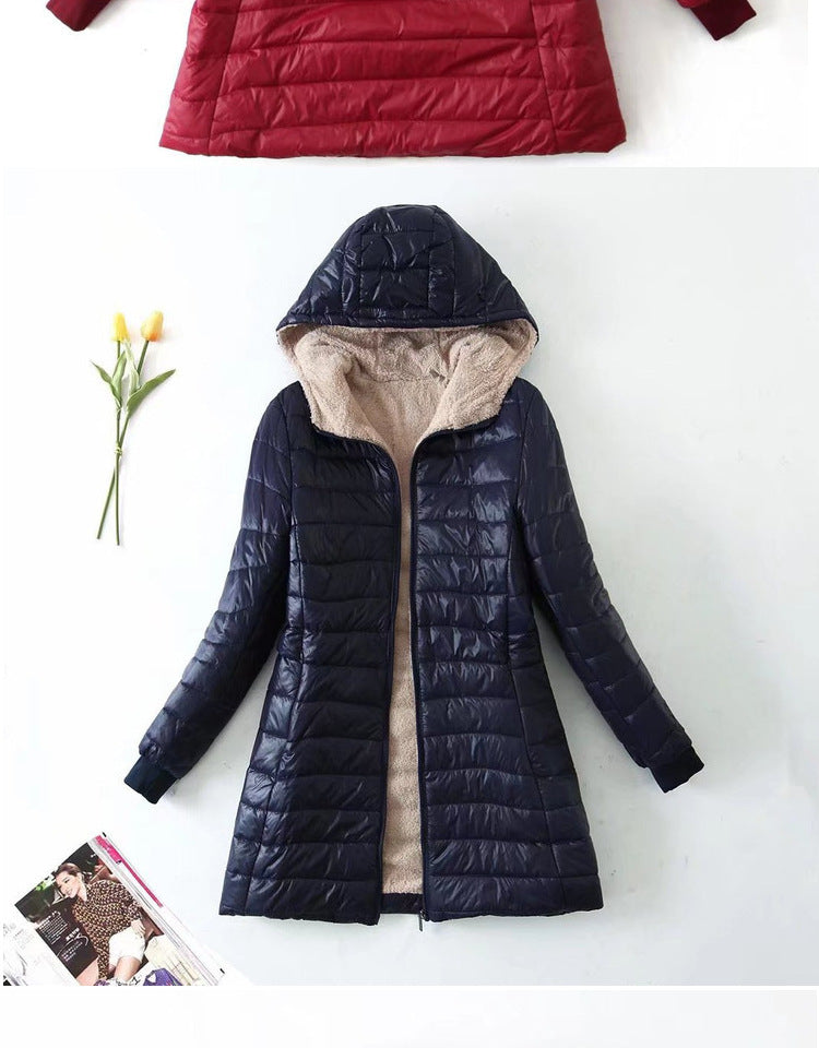 Women's Korean-style mid-length hooded cotton coat, warm lambswool coat and velvet jacket, new autumn and winter 2023 collection