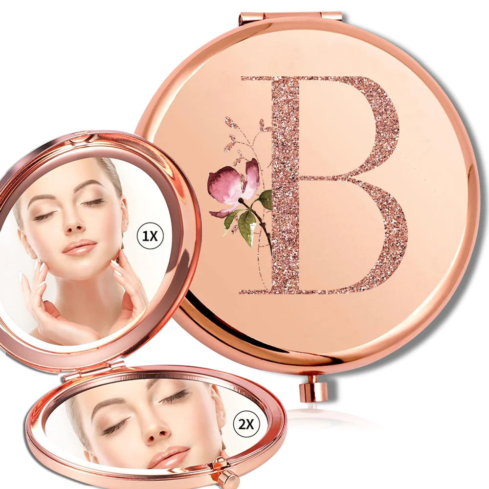 Miroir rond de maquillage grossissant Double face en métal, cosmétique, aspect Portable, verre, Compact, motif de lettres en or Rose