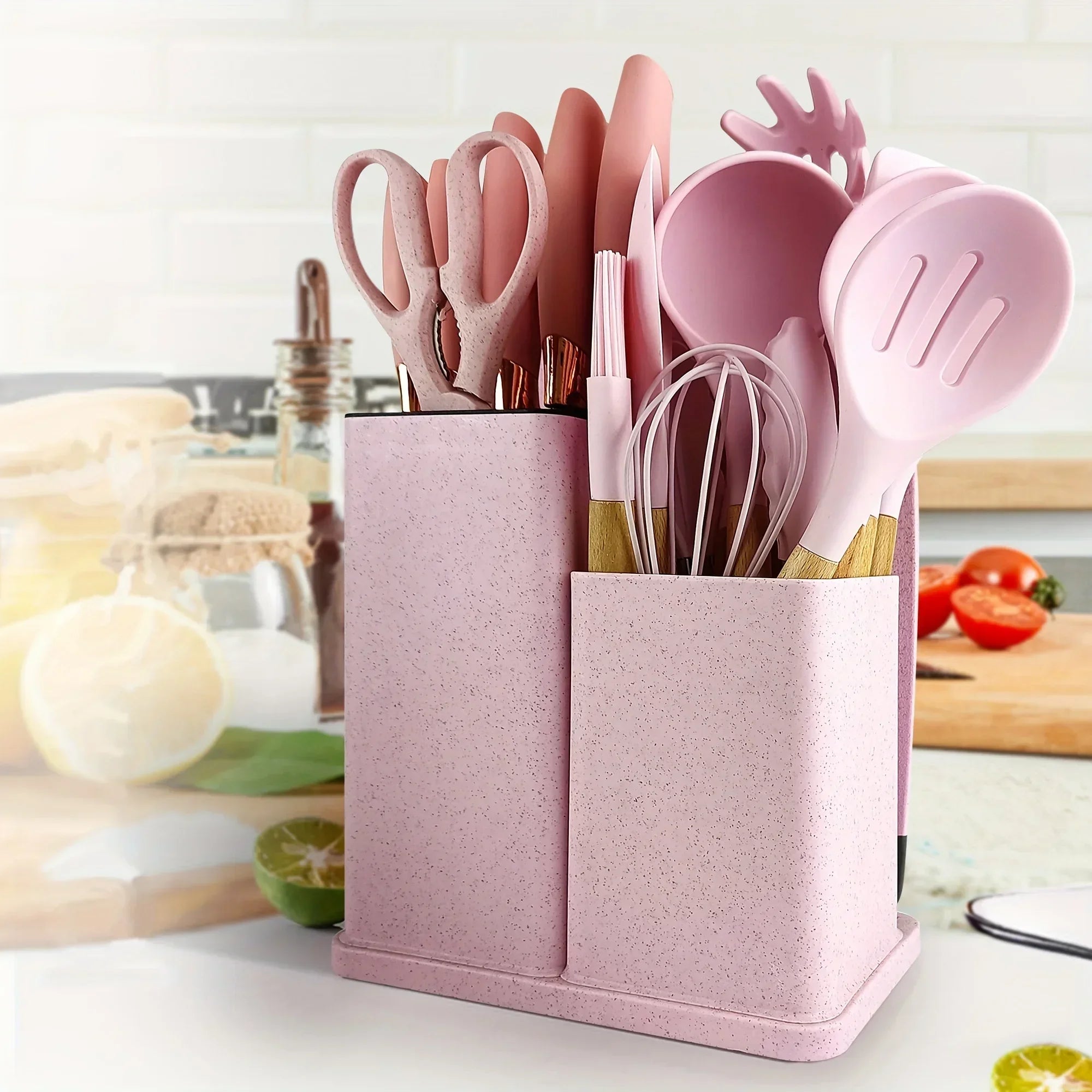 Ensemble d'ustensiles de cuisine antiadhésifs en Silicone, 19 pièces, avec couteaux, outils résistants à la chaleur dans un rangement en bambou, parfait pour la cuisine