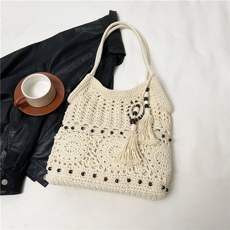 Sac à main tissé de grande capacité, sac à bandoulière ajouré, fourre-tout en Crochet, fourre-tout bohème tissé pour femmes, sacs de Shopping tricotés