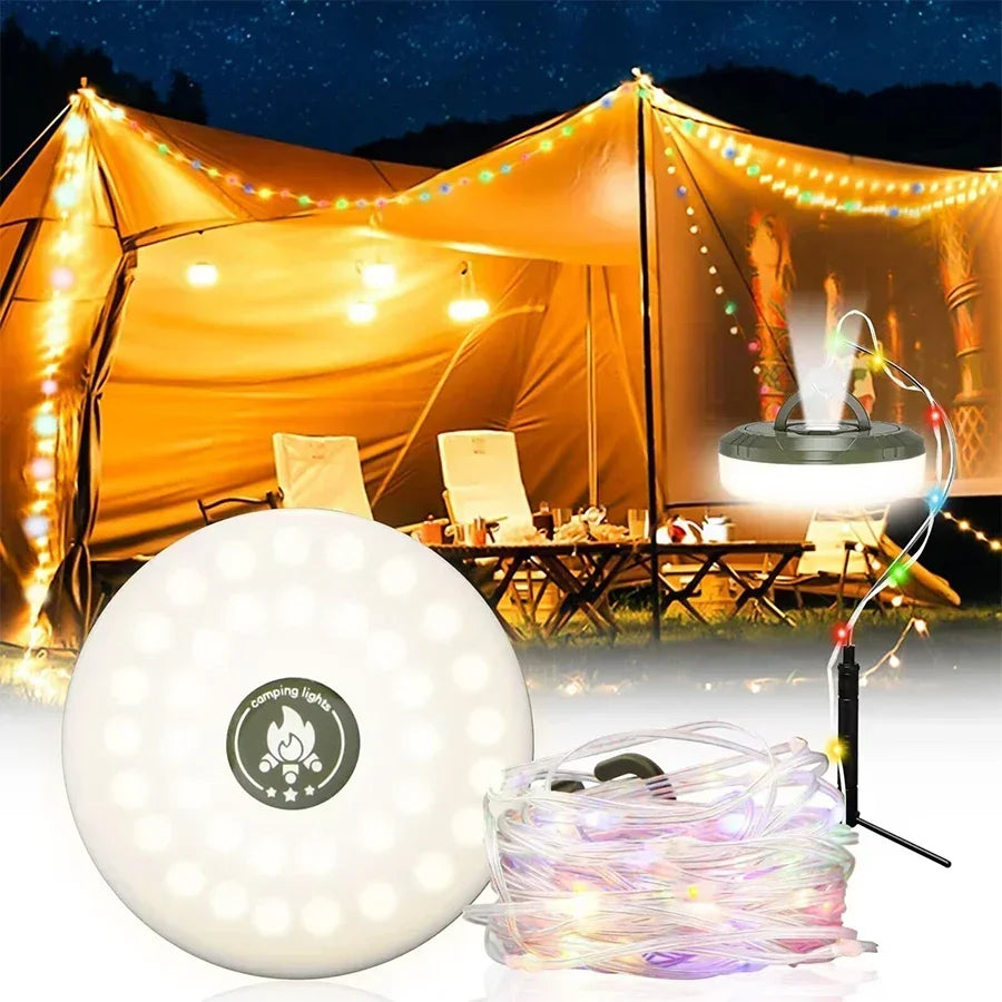 Solar lights, outdoor camping light, 10-meter string light, outdoor tent light, RGB atmosphere light, LED flashlight with hook