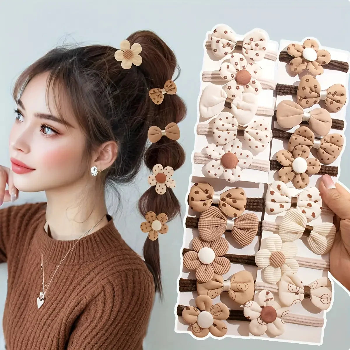 Set of 10 sporty hair accessories for girls with a floral design and a bow tie, in light beige color.