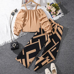 Ensembles de vêtements pour enfants pour filles, kaki, épaules dénudées, haut à manches longues et pantalon imprimé à rayures, costumes pour enfants de Style station d'été OOTD