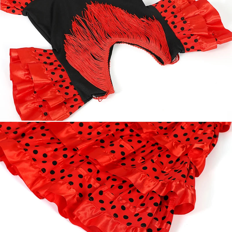 Robe de danse traditionnelle espagnole pour filles, robe de Festival à pois avec pompon, quatre couleurs, jupe classique de Style Flamengo gitane pour enfants