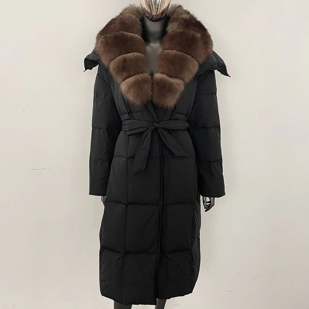 Veste d'hiver chaude et élégante pour femme, avec ceinture à capuche, simple boutonnage, col en vraie fourrure de renard, manteau épais et ample en duvet de canard blanc