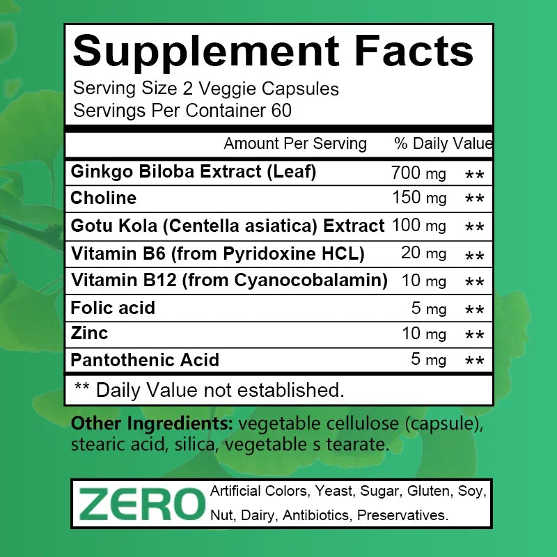 Extrait de Ginkgo Biloba, Supplément de Vitamine B, Prend en Charge la Fonction du Cerveau et la Mémoire, Focus, Instituts Soulignés, 60/120 Capsules bobines ales
