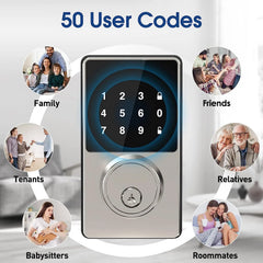 Serrure intelligente avec mot de passe, serrure de porte d'entrée sans clé avec claviers à écran tactile, facile à installer, déverrouillage par application, 50 codes utilisateur