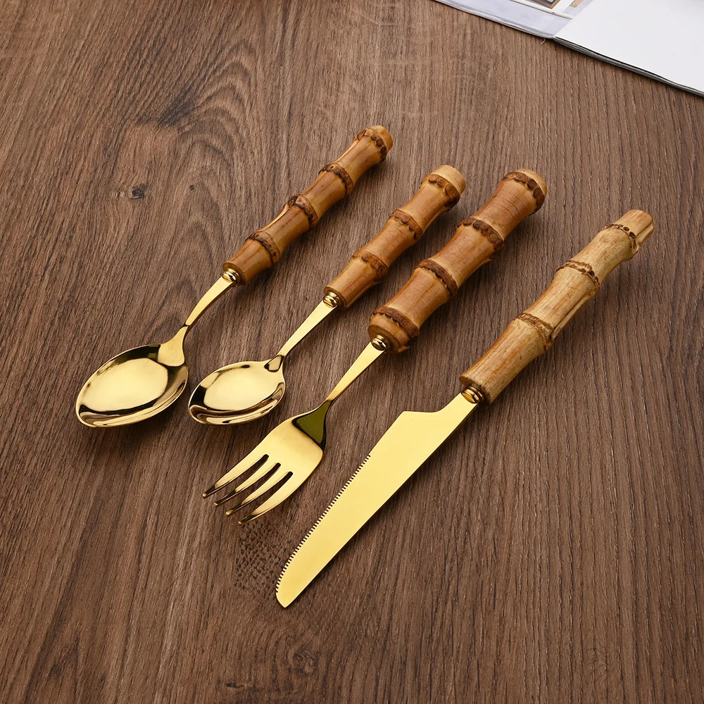Couverts en acier inoxydable avec manche en bambou naturel, 24 pièces, service de table, couteau à steak