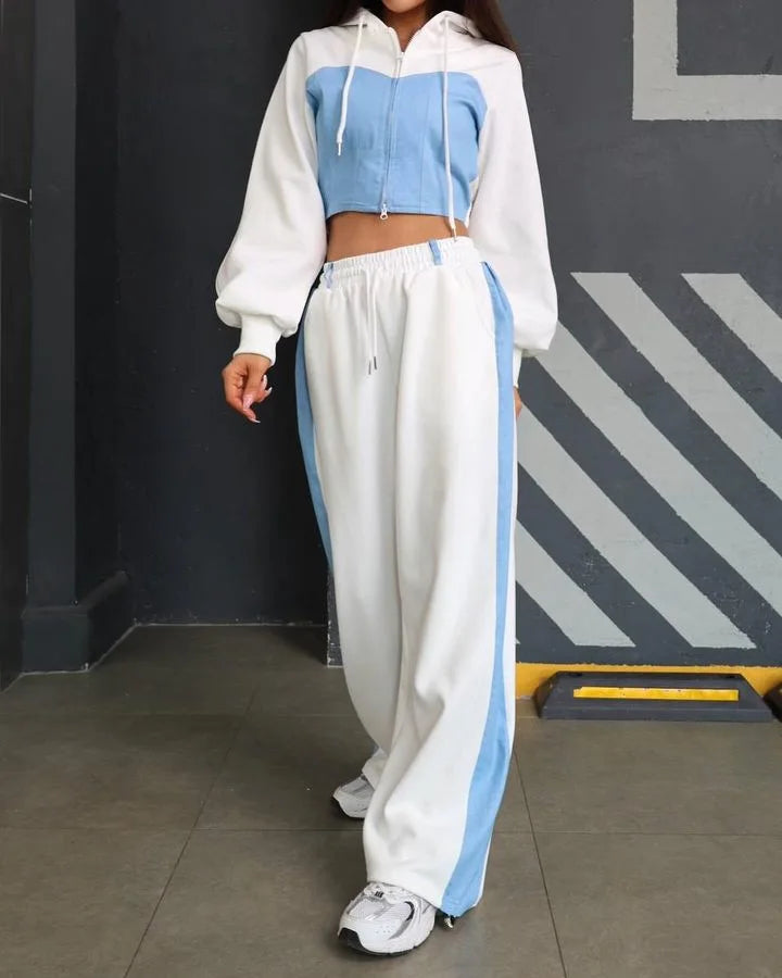 Ensemble 2 pièces en denim patchwork pour femmes, tenue décontractée, sweats à capuche minces, haut court, pantalon de survêtement à jambes larges, streetwear imbibé, survêtements à la mode