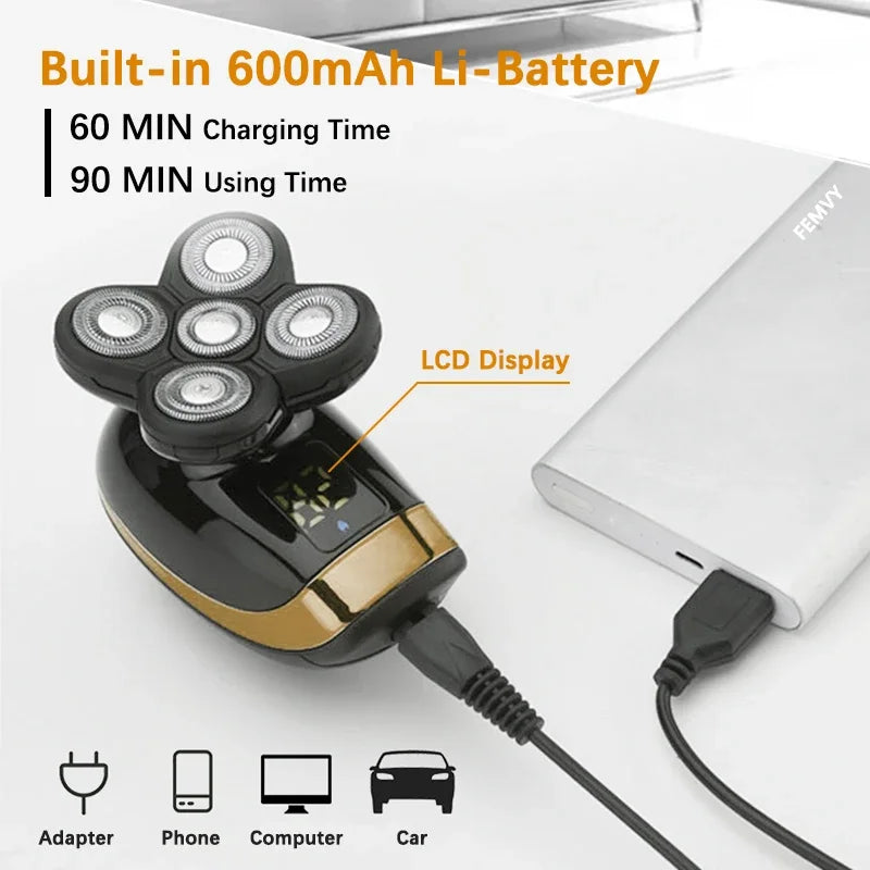 Rasoir électrique 5 en 1 pour hommes, Machine à raser Rechargeable, pour barbe, humide et sec, double usage, étanche, charge rapide