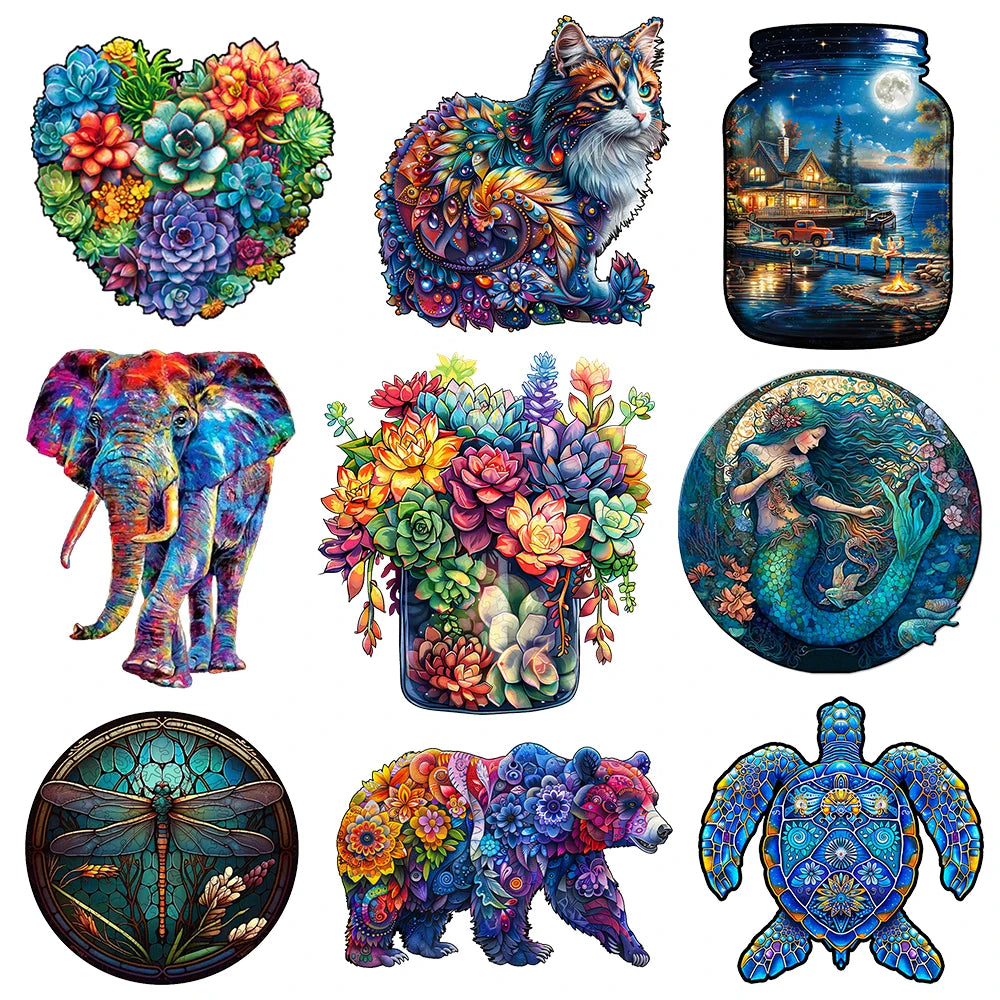 Puzzle en bois - Succulent coloré - Puzzle en bois pour adultes et enfants - Puzzle en bois animal de forme unique - Puzzle pour adultes