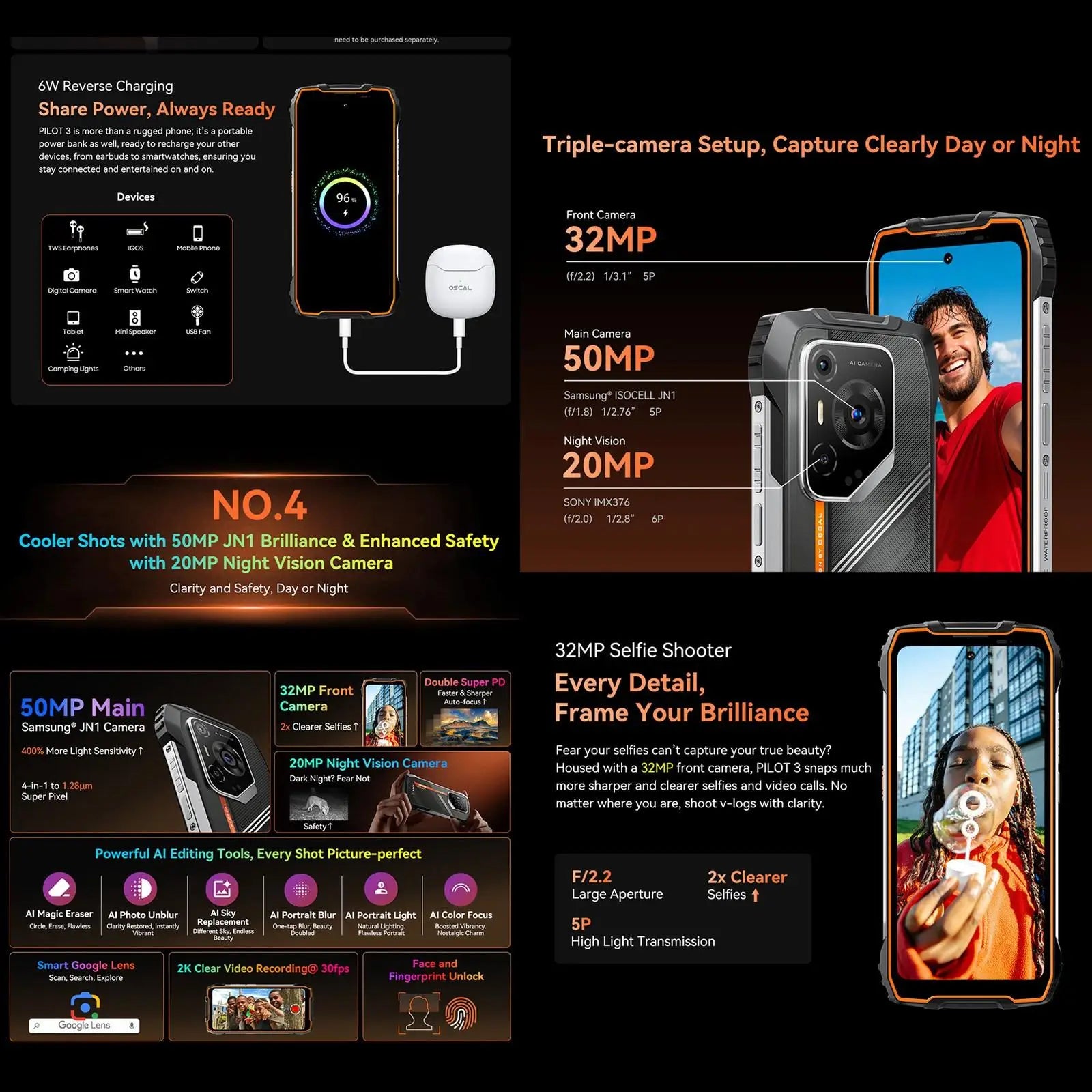Blackview Oscal Pilot 3 5G Smartphone robuste 6.78 ''120Hz 12GB 256GB 50MP 7500mAh Vision nocturne NFC Android 15 téléphone portable