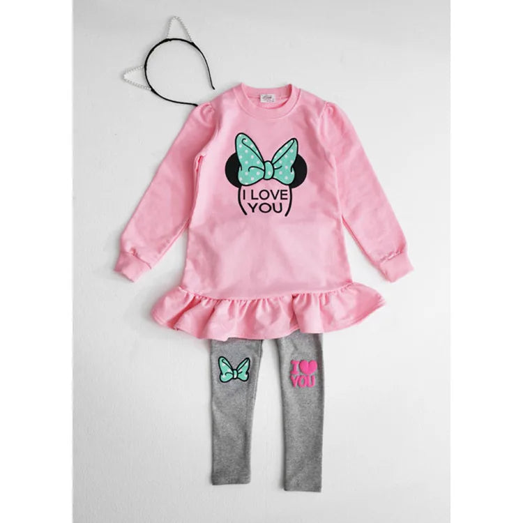 Ensemble de vêtements pour enfants printemps-automne, chemise + Leggings en coton à manches longues avec nœud papillon de dessin animé, costume 2 pièces pour filles de 3 à 8 ans, tenue décontractée
