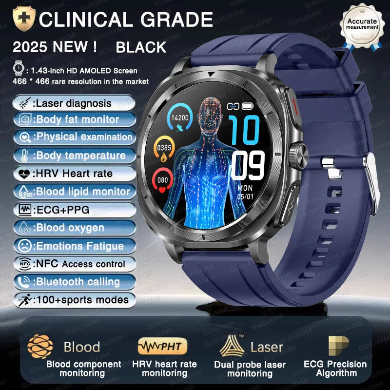 Montre connectée pour hommes, nouveau niveau Expert, santé, ECG + PPG, moniteur Laser, acide urique, graisse sanguine, pression artérielle, NFC, appel HD, 2025