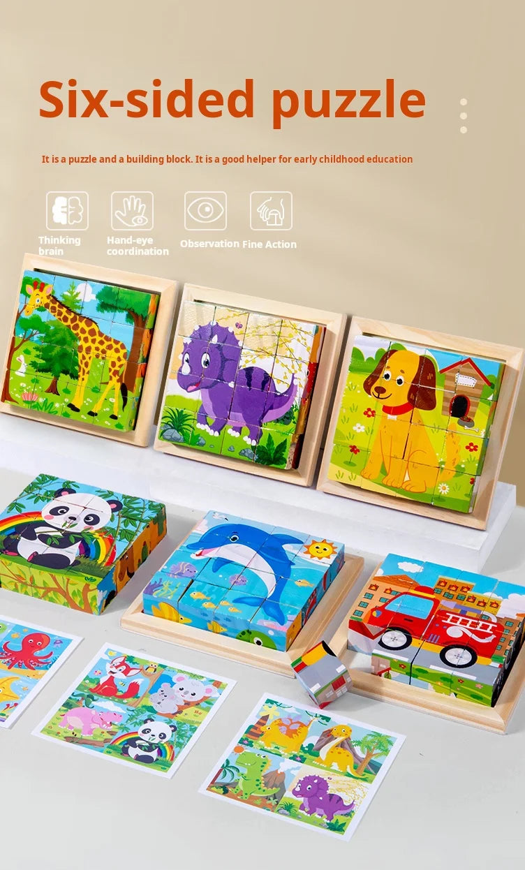 Puzzle en bois peint à Six côtés, blocs de construction tridimensionnels pour animaux de la circulation, jouet éducatif pour l'éducation précoce