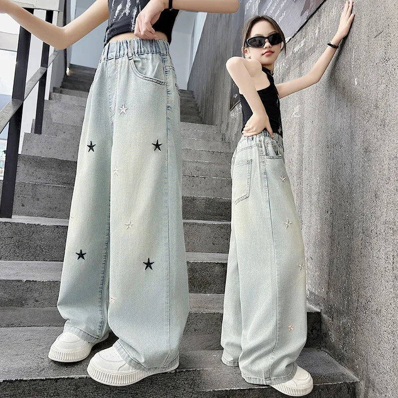 Five-pointed star embroidered jeans for girls aged 3 to 12, stylish wide-leg denim trousers, new spring/autumn collection