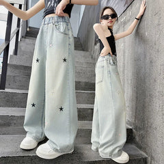 Five-pointed star embroidered jeans for girls aged 3 to 12, stylish wide-leg denim trousers, new spring/autumn collection
