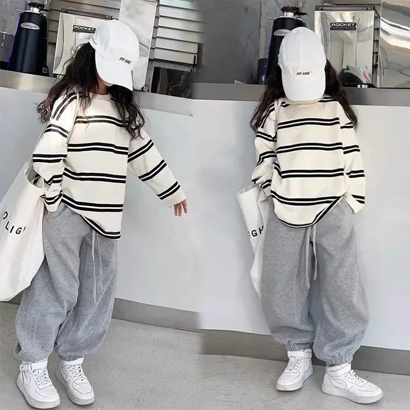 Ensemble de vêtements simples de Style coréen pour filles, 2 pièces, rayé à manches longues + pantalon ample, tenues pour adolescentes de 6 8 10 12 14 ans, 2025