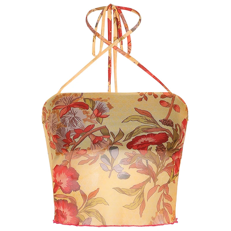 Haut court en maille transparente pour femmes, licou croisé à volants, sueurs féminins, vêtements de fête d'été, Y2K, Précieux, Vintage, Y-E-Girls