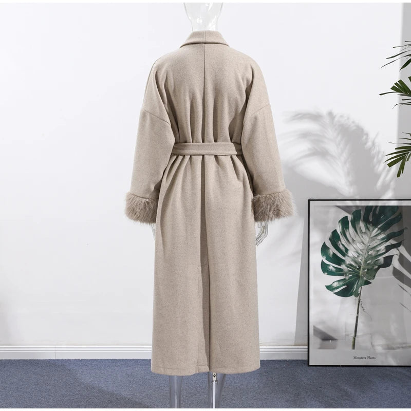 Manteau Long à lacets pour femme, manteau de bureau élégant en laine, fourrure, Patchwork, manches longues, vestes Cardigan amples, nouvelle collection 2025