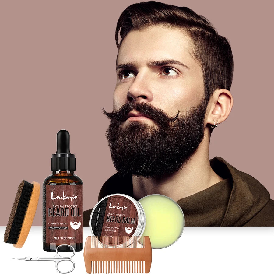 5-Piece/Set Sandalwood Beard Growth Kit, Scented Beard Balm, Moisturizing Oil, Styling Trimming, Conditioning Care for Men