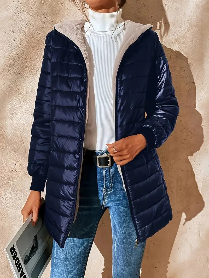 Women's fleece-lined cotton jacket, warm top, loose fit, lightweight, hooded, cotton coat, street style, trendy, autumn/winter