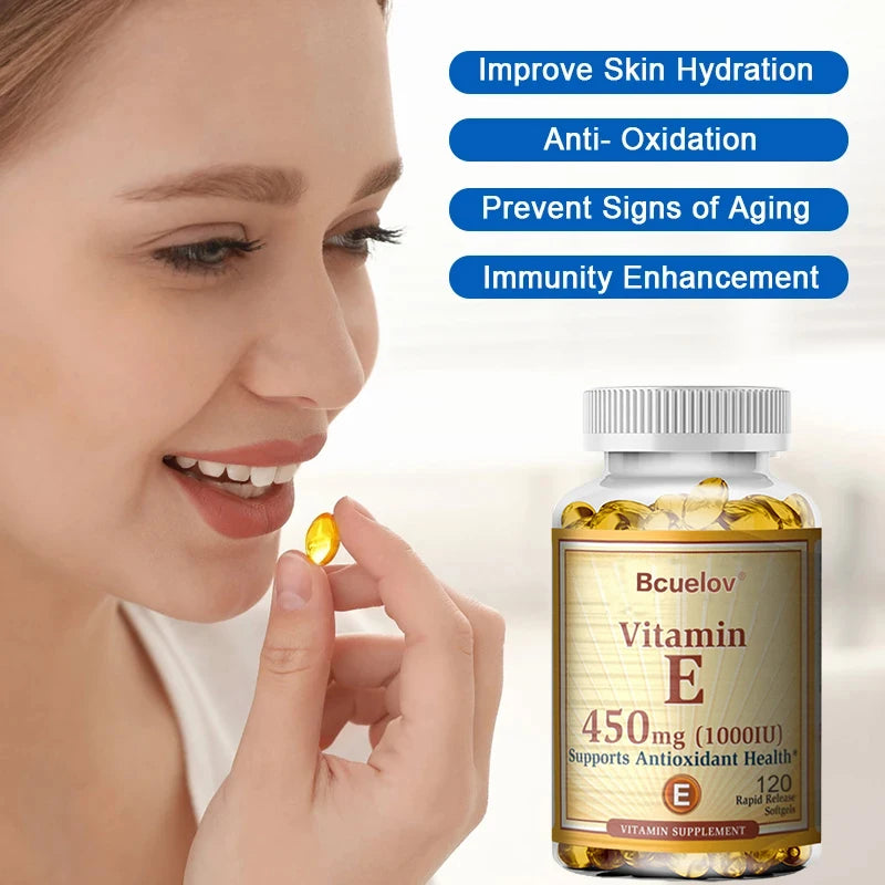 Bcuelov Vitamine E 1000 IU 450mg - pour la peau, les cheveux, la santé circulataire, le support du système immunitaire - supplément antioxydant