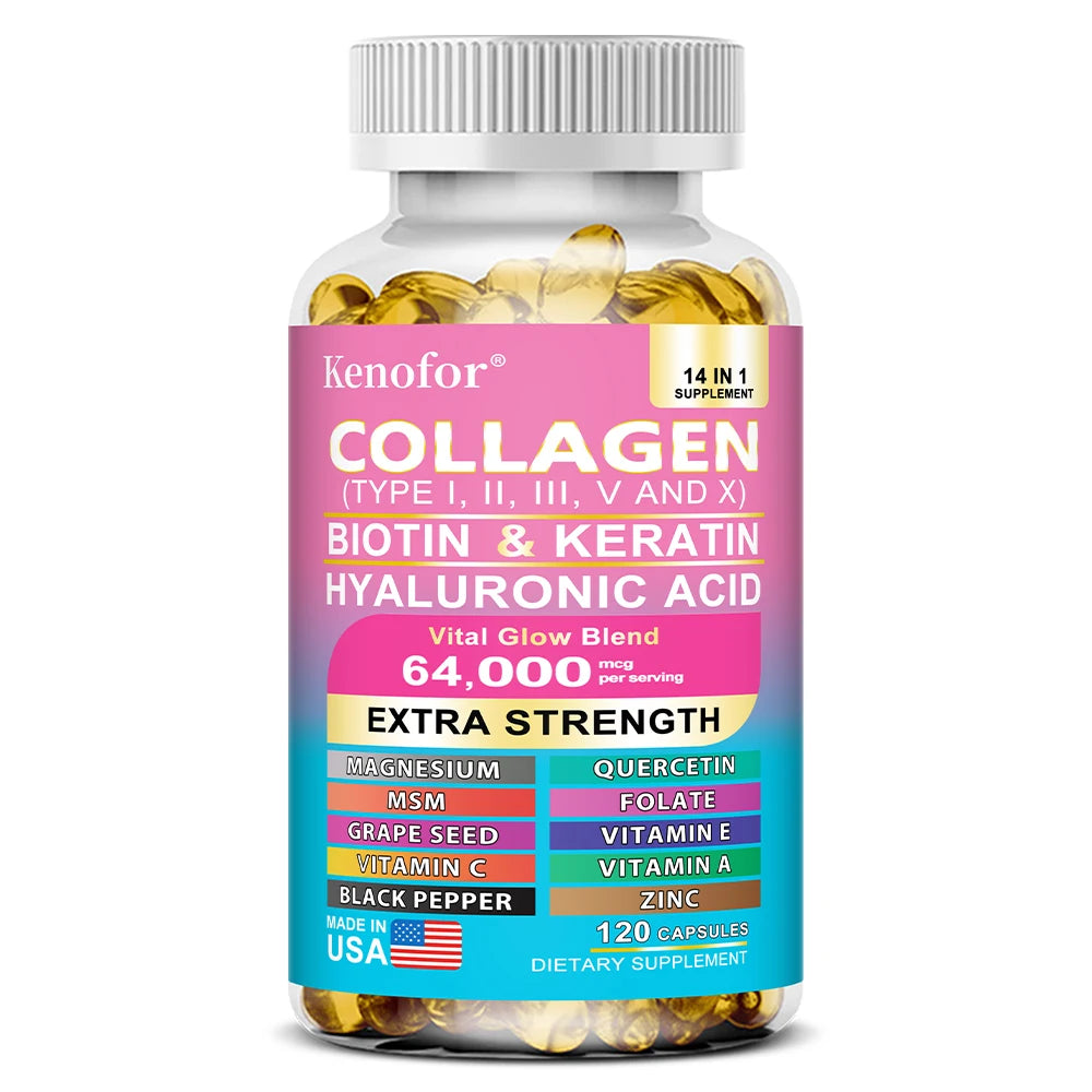 Capsules de collagène 14 en 1, produit de soins pour la peau à la biotine et à la kératine, Booster, Anti-vieillissement, blanchiment de la peau, supplément de soins des ongles et des cheveux