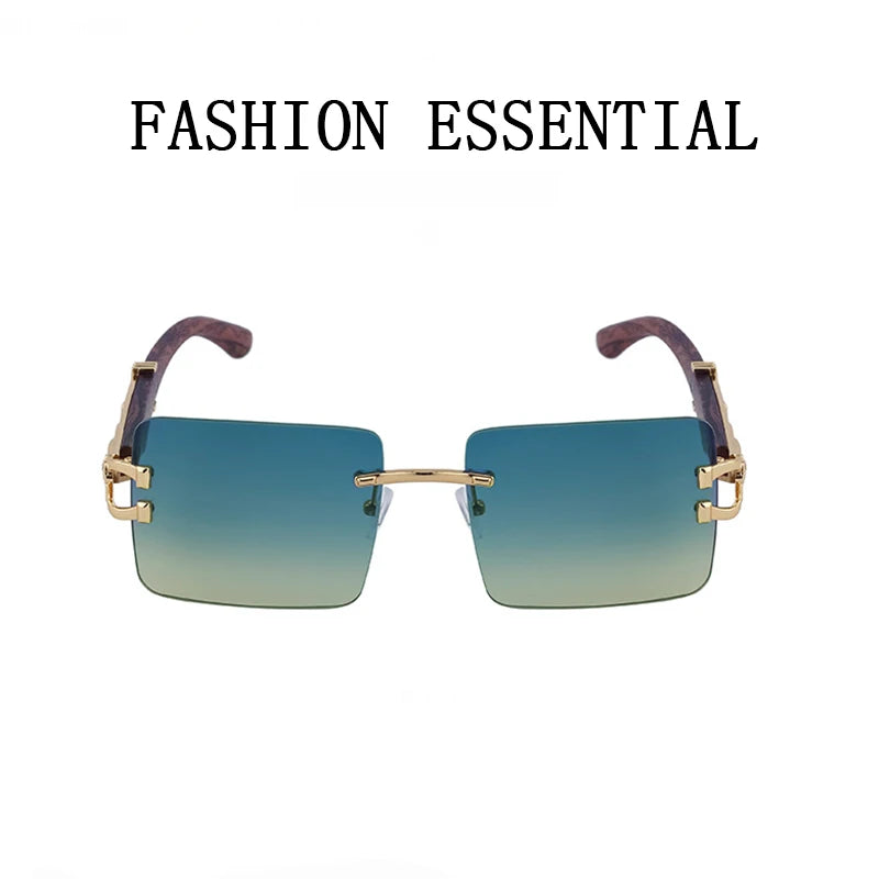 Frameless square wooden sunglasses for men and women, vintage, fashionable, luxury, retro, 2023