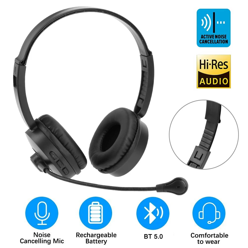 Casque sans fil Bluetooth 5.0 avec microphone antibruit, idéal pour les conducteurs de camion, les bureaux, les travaux sur le centre d'appels