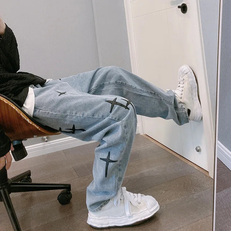 Men's printed jeans, streetwear, baggy, wide leg, Korean fashion, draped, straight, casual, loose fit, cargo pants, new 2023 collection