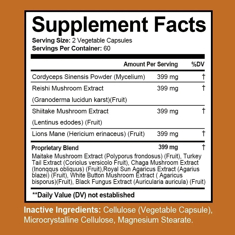 Capsules complexes de champignons - Cordyceps Reishi, immunité, stress, énergie, clarté mentale et soutien de la concentration - Supplément cérébral