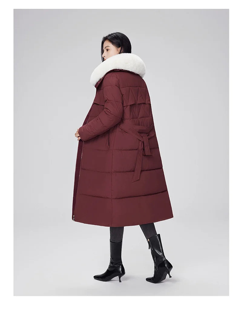 Parka d'hiver à col en fourrure pour femme, veste x-longue rembourrée en coton, manteau épais et chaud, Streetwear avec ceintures, vêtements d'extérieur Slim, à la mode, 2025