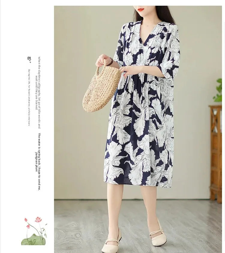 Robe mi-longue amincissante pour femmes, grande taille, imprimé Vintage, ceinture, taille ample, nouveau Style, longueur aux genoux, col en v, Fiber de Polyester, été