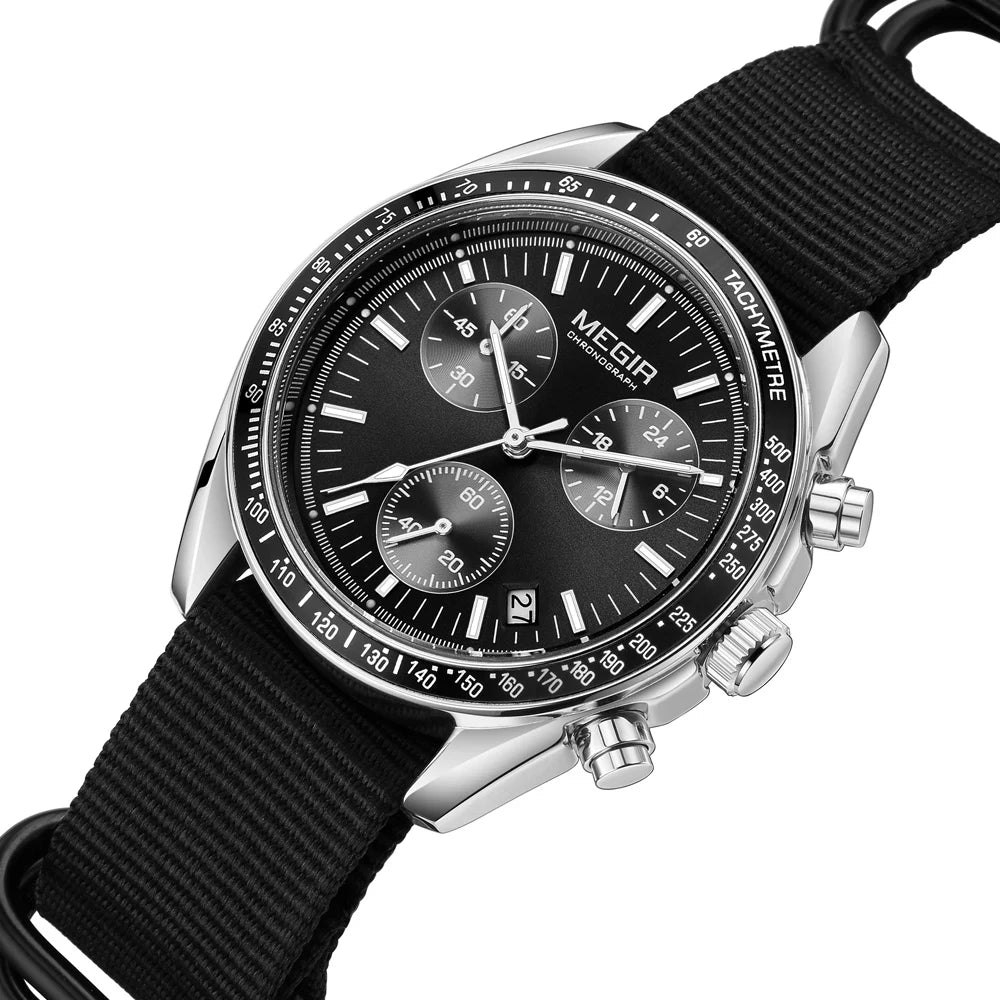 MEGIR montre à Quartz à trois yeux pour hommes bracelet tressé en Nylon étanche sport lumineux avec chronographe montre-bracelet de mode homme