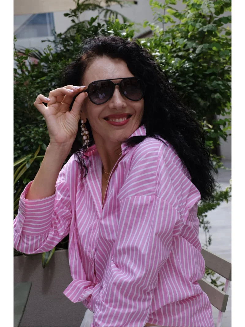 ETJ 2025 femmes printemps nouvelle mode européenne-américaine rayé à manches longues revers version ample popeline chemise sélection multicolore