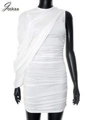 Joskaa – Mini robe plissée élégante, col rond, asymétrique, manches simples, façonnant le corps, pour femmes, vêtements de club de fête de vacances d'été, 2025