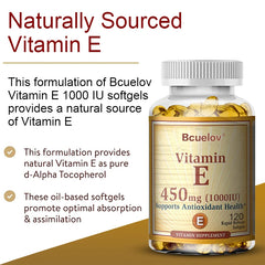 Bcuelov Vitamine E 1000 IU 450mg - pour la peau, les cheveux, la santé circulataire, le support du système immunitaire - supplément antioxydant