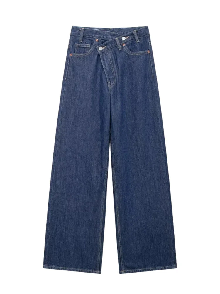 Jeans asymétriques à taille haute et à jambes larges pour femmes nouveaux modèles de base mode polyvalente pantalons droits pantalons