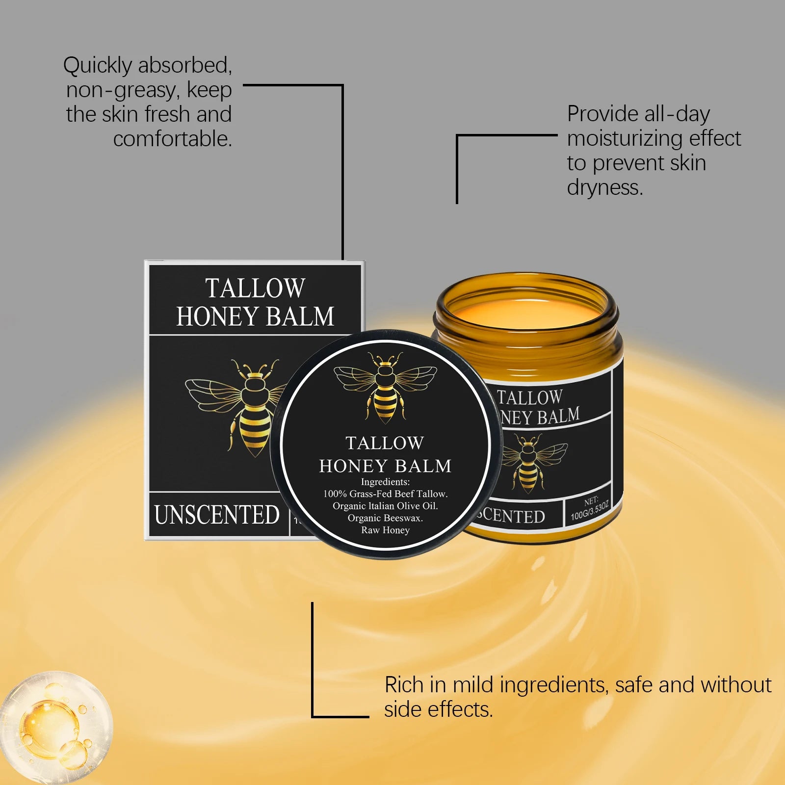 Tallow de boeuf pour la peau Tallow et baume au miel herbe biologique alimenté crème hydratante pour le visage fouettée Lotion pour le corps hydratante en profondeur