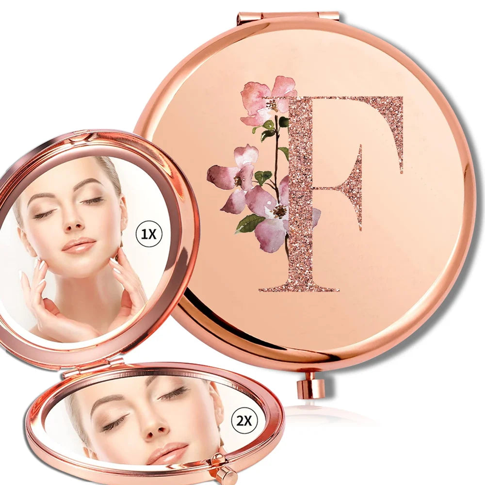 Miroir rond de maquillage grossissant Double face en métal, cosmétique, aspect Portable, verre, Compact, motif de lettres en or Rose