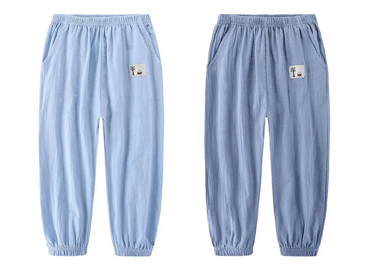 Pantalons pour enfants pour garçons et filles, en coton et lin, taille élastique, couleur unie, pantalons moustiques d'été, vêtements pour enfants, pantalons longs 100-160cm