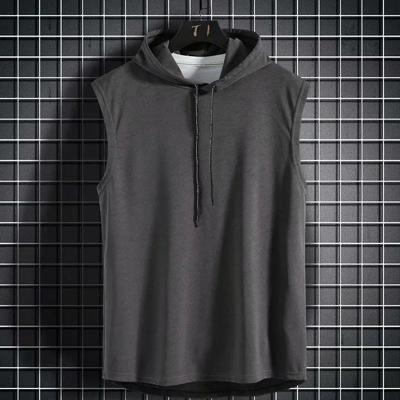 Hommes cravate col à capuche sans manches gilets mâle été ample solide Hip Hop t-shirt hauts