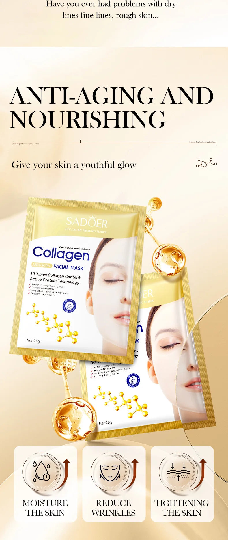 Masque Facial Anti-rides au collagène Bio, Anti-vieillissement, estompe les ridules, raffermissant, hydratant en profondeur, éclaircissant, réparation, soins pour la peau