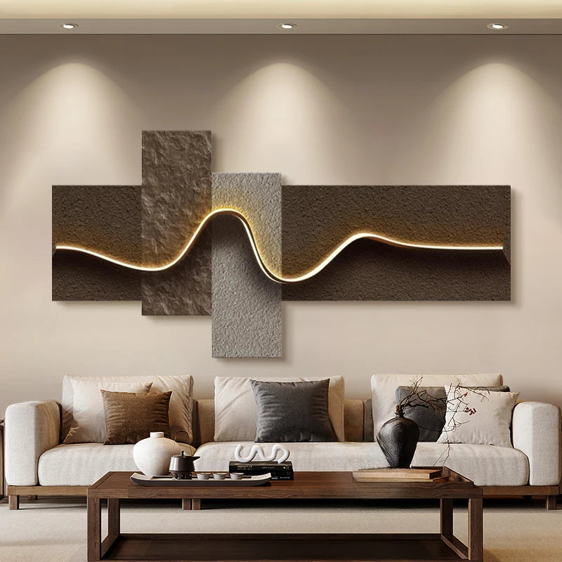 Chambre principale salon géométrique bureau décor peinture avec lumières luxe canapé TV fond mur suspendu photo chambre lits