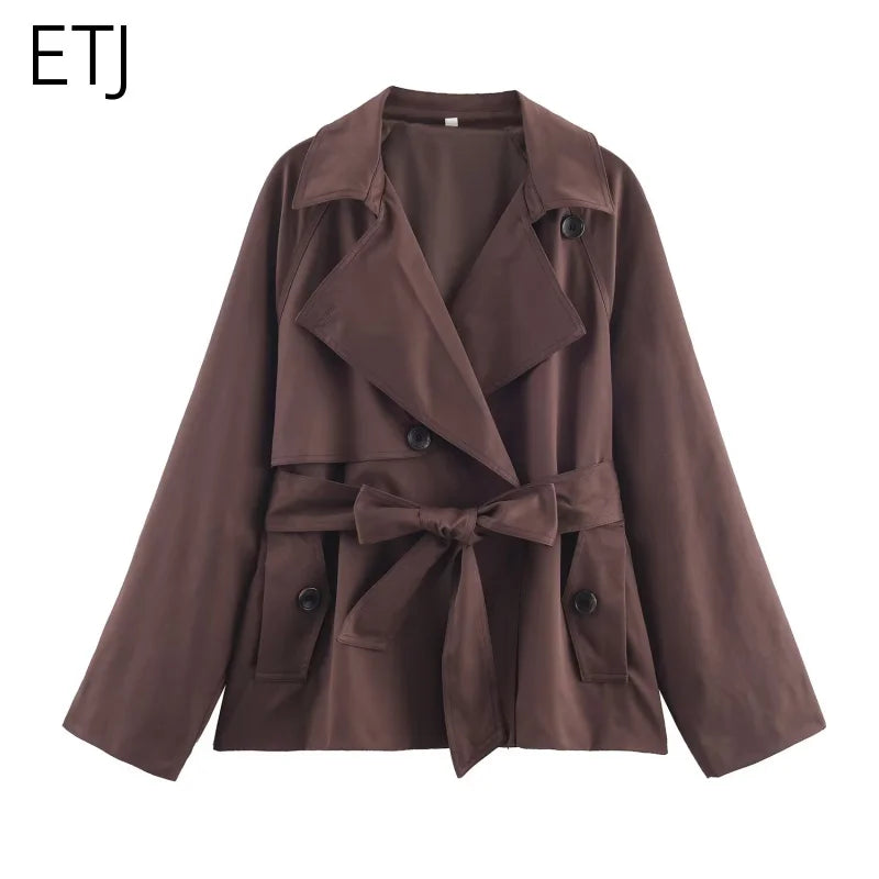 ETJ Autumn 2025 New Collection Women's British Style Double-Breasted Lapel Mesh Colour Belted Casual Trench Coat