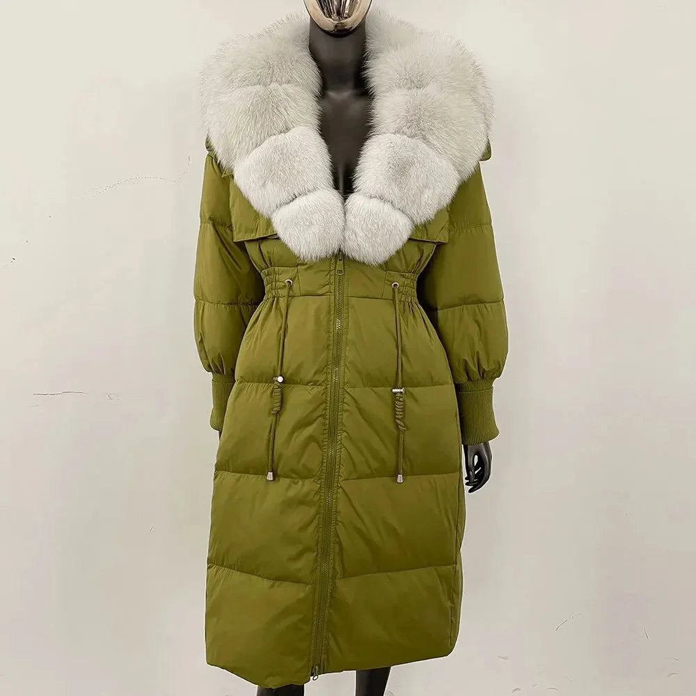 Doudoune longue avec col en fourrure pour femme, pardessus en fourrure de renard, longueur aux genoux, à la mode, chaude, cintrée à la taille, vêtements d'extérieur amincissants