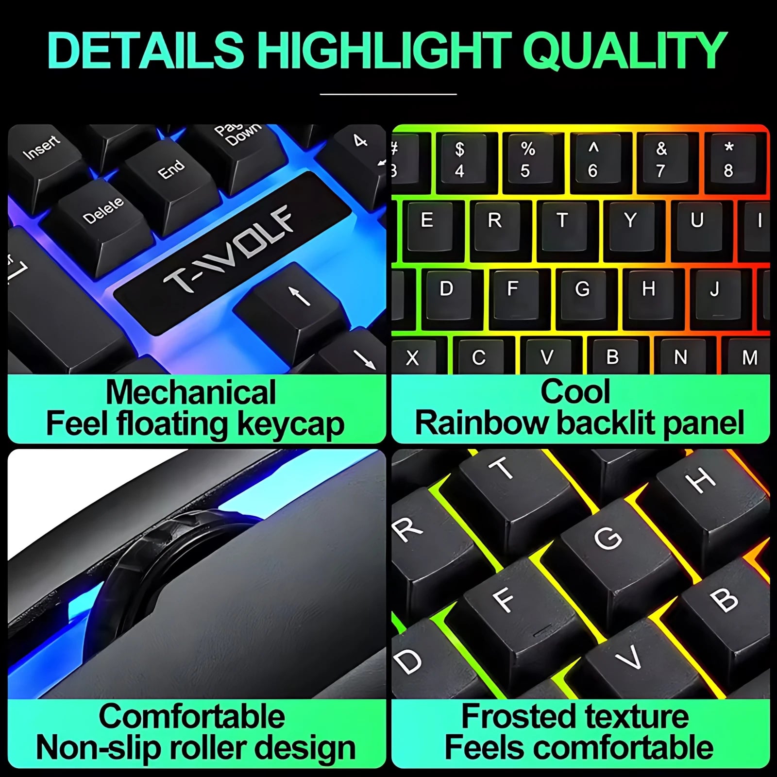 Clavier et souris filaires rétroéclairés arc-en-ciel, capuchons de touches flottants, clavier solide, résistant à l'usure et au toucher confortable pour le bureau d'affaires